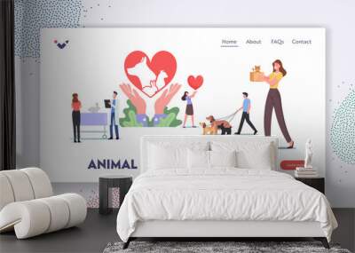 Animal Protection Society Landing Page Template. Characters Care of Pets, Adopt Cats, Dogs or Rabbits, Visit Vet Clinic Wall mural