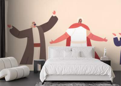 Ascension Of Jesus Concept with Jesus Christ Stand with Outstretched Arms and his Disciples Isolated Characters Wall mural