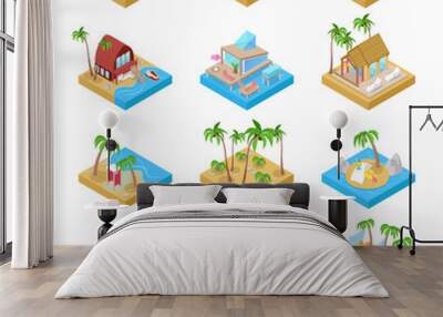 Beach Vacation Collection with Bungalow, Boat and Palm Trees. Tropical Resort. Isometric vector flat 3d illustration Wall mural