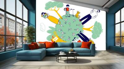 Big Happy Family of Grandparents, Parents and Children at Green Earth Globe with House and Green Trees around. Father Holding Balloon, Mother with Little Baby Cartoon Flat Vector Illustration Line Art Wall mural