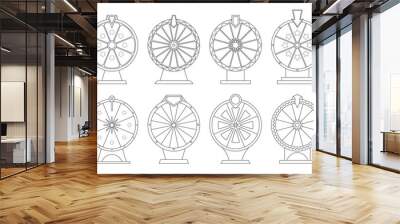 Black And White Outline Vector Illustrations Of Twelve Different Wheel Of Fortune Designs. Linear Monochrome Icons Set Wall mural