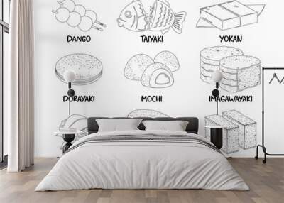 Black And White Vector Set Showcasing Various Traditional Japanese Sweets Such As Dango, Taiyaki, Yokan, Dorayaki Wall mural