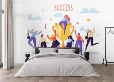 business team success, achievement concept. flat people characters with prize, golden cup. office wo Wall mural