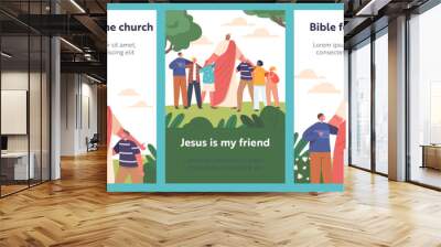 Cartoon Banners with Peaceful Jesus Christ Surrounded By Smiling Kids on Summer Meadow. Bible for Children Wall mural