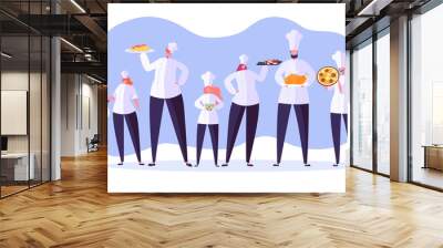 Chef characters set. Cartoon chief cooking in restaurant. Cook with tray and different meals. Food industry. Vector illustration Wall mural