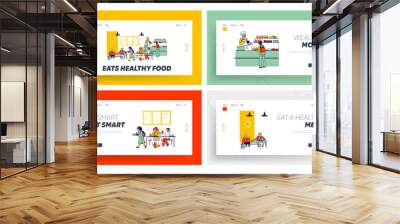 Children Eat in School Cafe Landing Page Template Set. Kids with Food Trays and Staff Character at Canteen Counter Giving Meals in Cafeteria with Tables and Chairs. Linear People Vector Illustration Wall mural