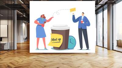 Colleagues Meetup Concept. Tiny Businesspeople Characters Change Messages on Coffee Break at Huge Cup with Drink Wall mural