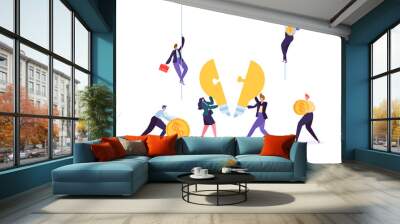 Creating idea, teamwork, business innovation concept. Business people characters team working collecting puzzle pieces of light bulb. Vector illustration Wall mural