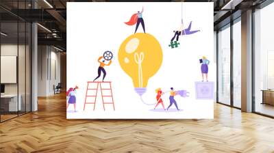 Creative idea brainstorming concept. Business characters working together with big light bulb. Searching for solutions, innovation. Vector illustration Wall mural