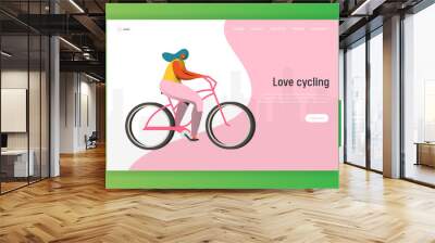 Cycling landing page template. Happy woman character riding bicycle, healthy lifestyle concept for website or web page. Easy edit. Vector illustration Wall mural