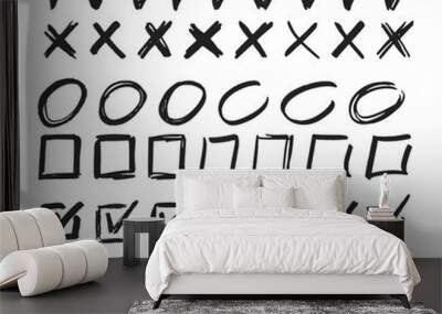 Doodle Cross And Check Marks, Square Boxes And Circle Frames Manuscript Writing Elements. Vector X and V Symbols Wall mural