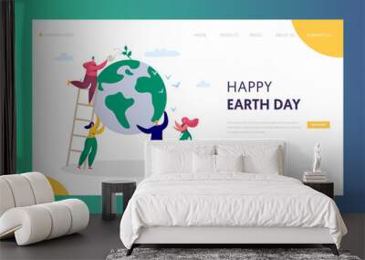 Earth Day Man Save Green Planet Environment Landing Page. People of World Water Plant for Ecology Celebration Preparation. Nature Globe Ecology Website or Web Page. Flat Cartoon Vector Illustration Wall mural