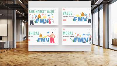 Fair Value Market, FMV Landing Page Template Set. Tiny Businessmen and Businesswomen Characters with Huge Magnifier Wall mural