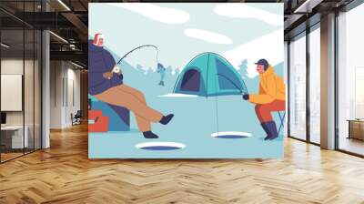 Father And Son Characters Bonding On A Serene Winter Fishing Trip. People Enjoying Frozen Lake, Cozy Moments Wall mural