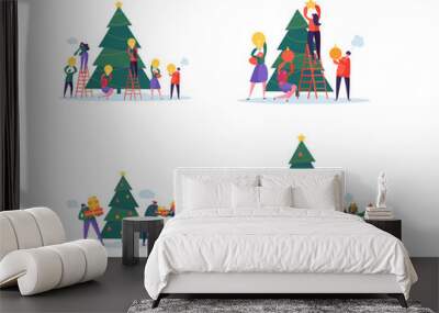 Flat Happy People Decorating Christmas Tree. Merry Xmas Holiday Party. Characters Celebrating New Year Eve. Vector illustration Wall mural