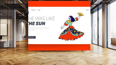 Gipsy Culture National Tradition Romany Music and Dance Performance, Concert Website Landing Page. Gypsy Girl in Long Dress Dancing with Fan Web Page Banner. Cartoon Flat Vector Illustration, Line Art Wall mural