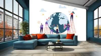 Global Business Concept with Characters Working Together. People Communicating in Work Process. Creative Teamwork Cooperation Worldwide Business. Vector illustration Wall mural