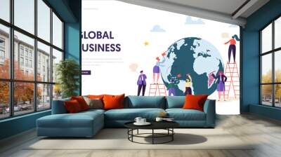 Global Business Team Character Landing Page. Corporate Businessman Work at World Globe with Ladder. Worldwide Logistic Success Contract Concept for Website or Web Page Flat Cartoon Vector Illustration Wall mural