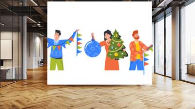 Happy People Friends, Family or Business Colleagues Prepare for Christmas Holidays and Decorate Tree Together Wall mural