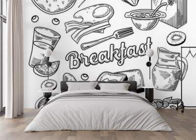 Healthy Breakfast Hand Drawn Doodle. Food and Drink Sketch. Cornflakes Pancakes Juice and Fruits. Vector illustration Wall mural