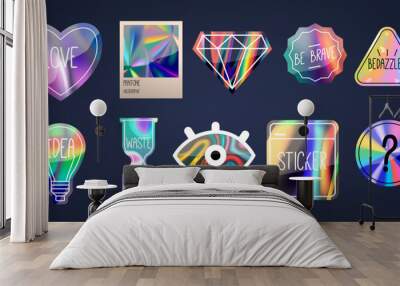 Holographic Stickers Isolated Vector Set. Heart, Diamond, Hourglass, Light Bulb, Eye Futuristic Patches with 3d Effect Wall mural