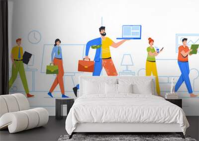 Hybrid Work After Covid-19 Crisis, Employee Characters Choice to Work Remotely From Home, Business Men and Women Wall mural