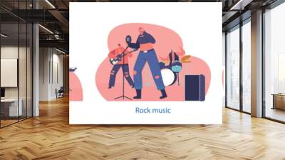 Isolated Elements With Rock Group Characters Performing Concert On Stage. Electric Guitarists, Drummer, Singer Wall mural