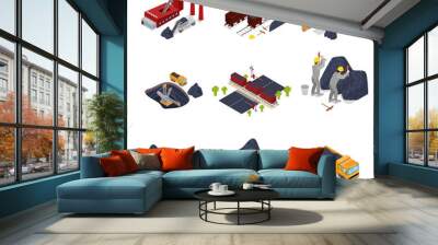 Isometric Coal Industry with Workers in Mine with Excavator, Miner and Equipment. Vector flat 3d illustration Wall mural