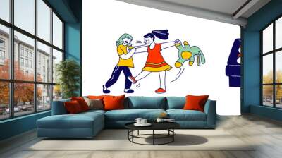 Little Kids Fighting and Quarreling at Playing Room, Classmates, Siblings or Friends Shouting and Hitting Each Other, Conflict Situation, Hyperactive Child, Cartoon Flat Vector Illustration, Line Art Wall mural