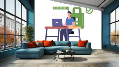 Man Sitting at Desk near Green Padlock Working on Laptop with Strong Password for Profile and Internet Account Access Wall mural