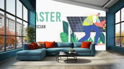 Master Electrician Landing Page Template. Worker Installing Solar Panels, Alternative Clean Energy Concept with Engineer Wall mural