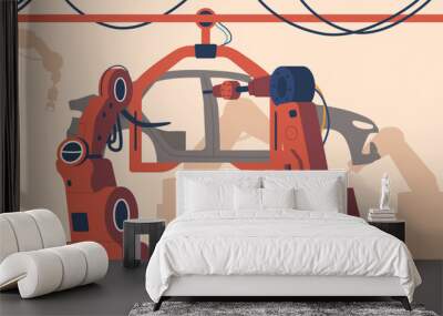 Metallic Robot Arms Swiftly Assemble Cars On A Factory Conveyor, Synchronized Precision And Fitting Parts Wall mural