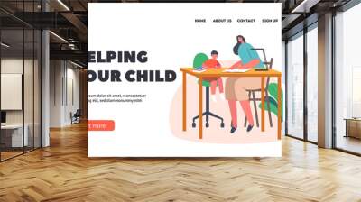 Mom Prepare Little Boy for School Landing Page Template. Happy Characters Learning Lesson Together. Mother Support Son Wall mural