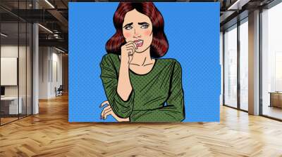 Nervous Pop Art Young Woman Biting her Nails. Vector illustration Wall mural