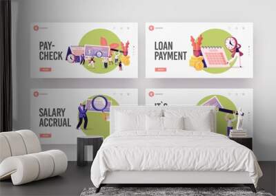 People Get and Signing Paycheck Landing Page Template Set. Characters with Huge Quill Pen, Magnifying Glass and Cheque Wall mural