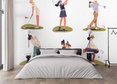 People Playing Golf And Engaging In Various Activities On The Golf Course. Diverse Characters Showcasing Different Poses Wall mural