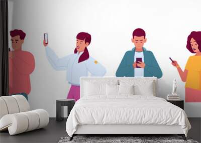 People With Phones Chatting, Talking, Text Messages, Making Selfie. Male And Female Characters Communicate Wall mural