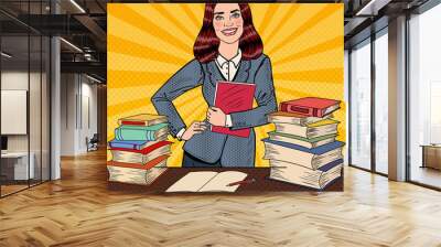 Pop Art Young Happy Woman with Book Standing in Front of Library Table. Vector illustration Wall mural