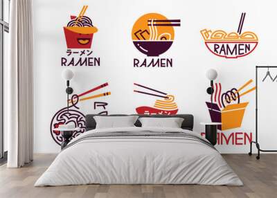 Ramen Meal Cooking Lettering Icons Set. Asian Takeaway Dish Collection of Badges, Labels or Logo for Restaurant Menu or Cook Kitchen Classes, Cafe and Food Studio Stickers. Cartoon Vector Illustration Wall mural