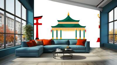 Red torii entrance with roof isolated Chinese, Korean or Japanese gate realistic cartoon icon. Vector ancient asian temple entrance design. Chinatown door in oriental style, torii gate with pillars Wall mural