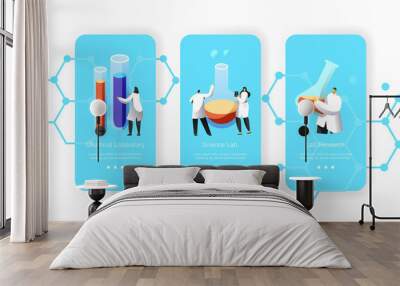 scientist hold in hand flask with chemical liquid mobile app page onboard screen set. laboratory cha Wall mural