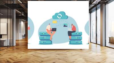 Set Characters Communication Via Digital Devices Concept. Men And Women Use Smartphones, Computers And Cloud Storage Wall mural