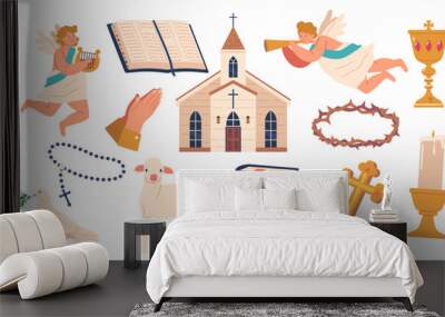 Set of Catholic Items Rosaries, Crucifix, Prayer Hands, Building, Angel and Dove. Lamb, Bible, Candle and Cup Wall mural