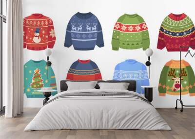 Set Of Knit Sweaters For Christmas Party. Cozy Warm Jumpers Collection With Snowman, Reindeer, Spruce And Snowflakes Wall mural