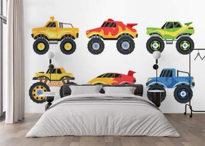 Set Of Monster Trucks, Each Adorned With Unique Designs And Colors, Ready To Thrill The Audience With Impressive Stunts Wall mural