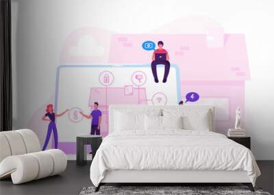 Smart House Concept. People at Huge Laptop with Scheme Home Building with Artificial Intelligence Technology on Screen. Internet of Things Application Services App. Cartoon Flat Vector Illustration Wall mural