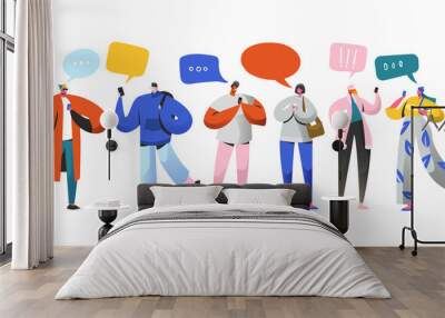 social networking virtual relationships concept. flat people characters chatting via internet using  Wall mural