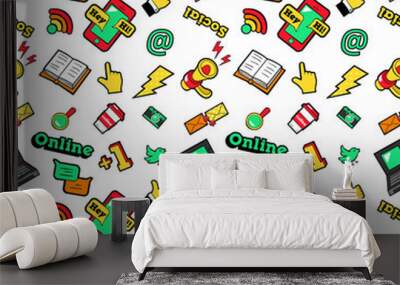 Social Networks Seamless Vector Background with Laptop Megaphone and Wireless Technology Wall mural