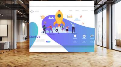 startup business landing page. new project banner with flat people characters launching rocket websi Wall mural