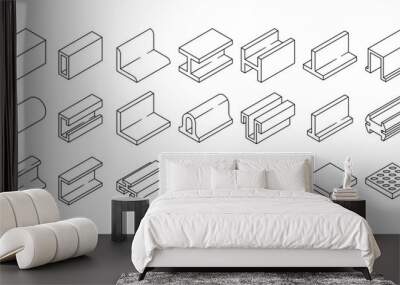 Steel Profiles Used In Construction And Architecture In A Line Art Isometric Style. Vector Outline Set of Square Tubes Wall mural